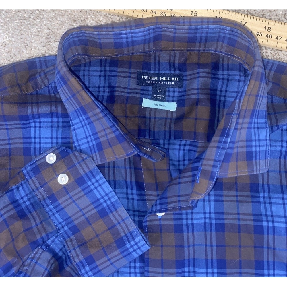 Peter Millar Crown Crafted Flex Finish Made In Turkey Blue Plaid‎ Shirt Mens XL